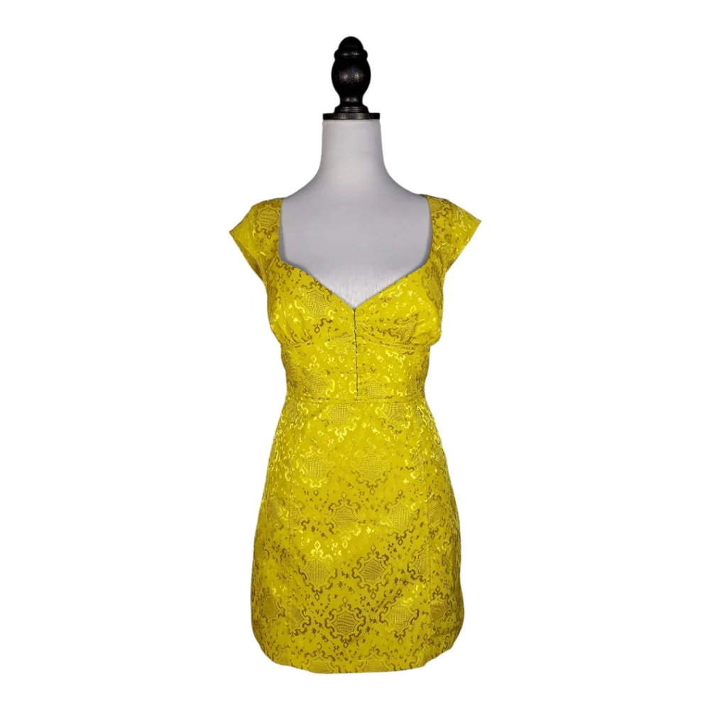 Urban Outfitters Coquette Regencycore Yellow Jacquard Keyhole Back  Mini Dress L - Picture 2 of 8